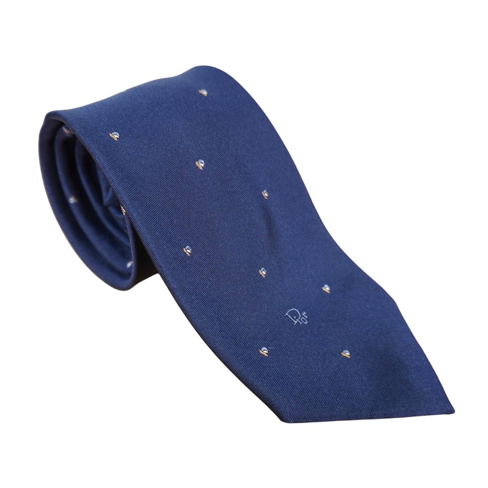 Christian Dior Monsieur Vintage 80's Silk Blend Tie Navy Blue Micro Print Logo